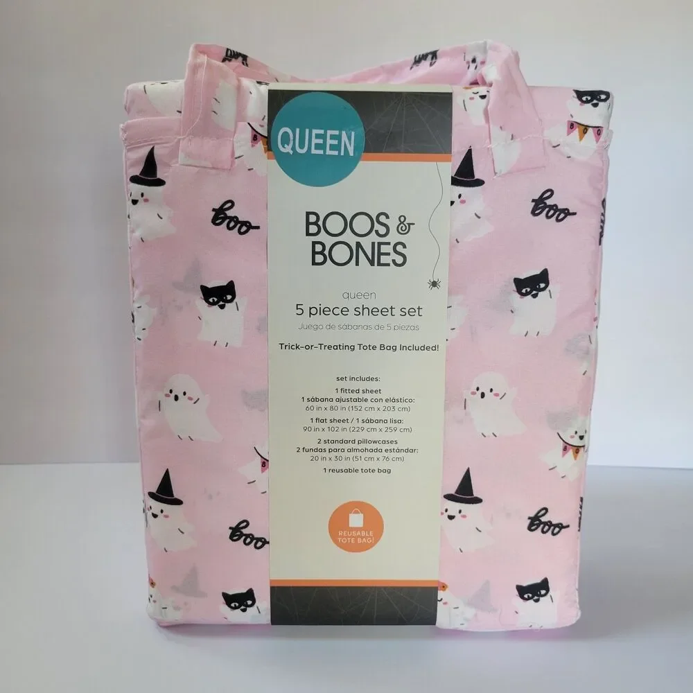 Halloween Pink White Cute Ghosts Boos & Bones QUEEN 5pc Sheets Set Girls Bedding